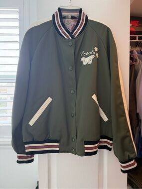 NWT Coach Olive Green Satin Bomber Varsity Jacket with Pink & White Trim